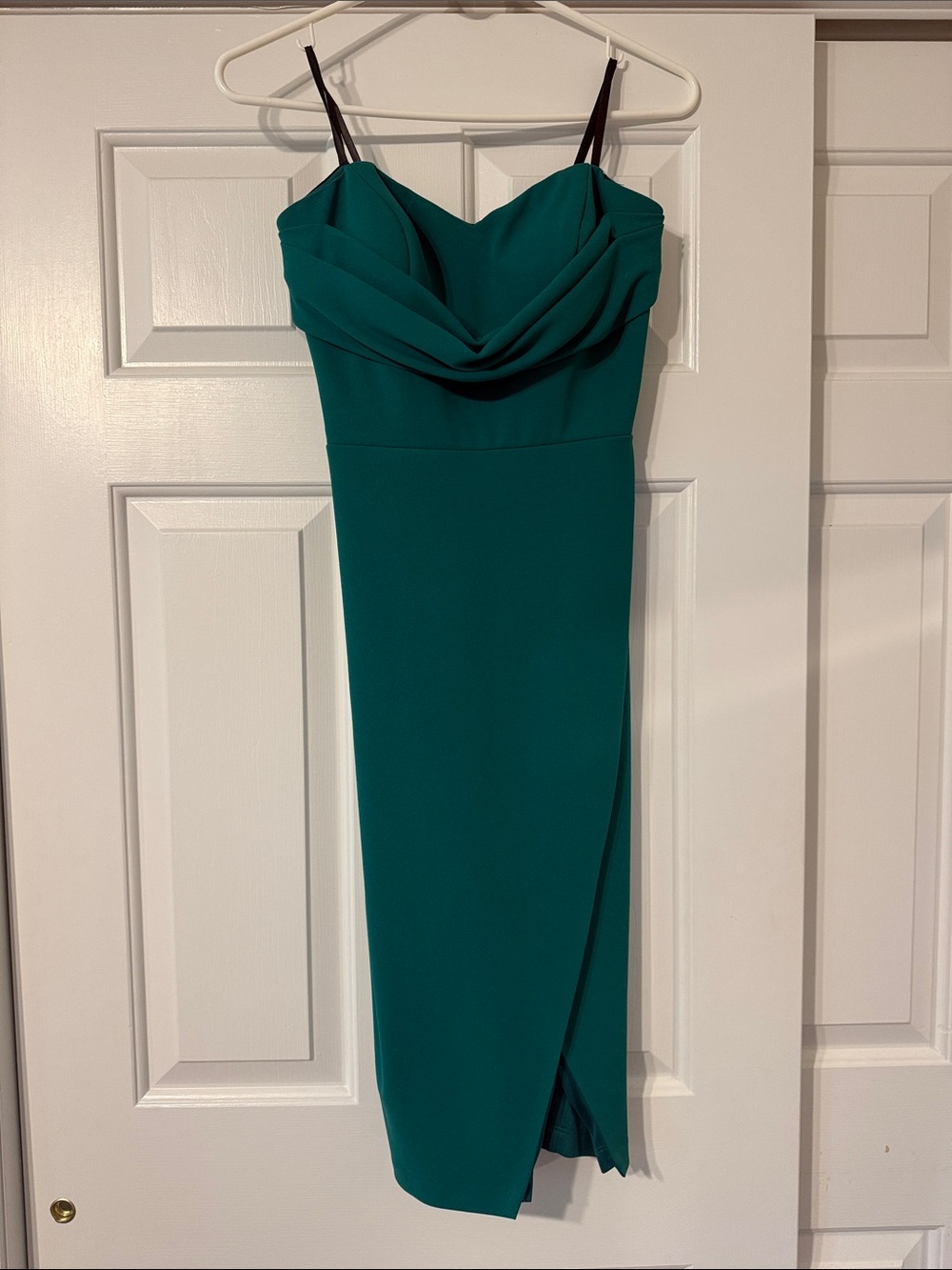 Aqua Emerald Strapless Cowl Midi Dress